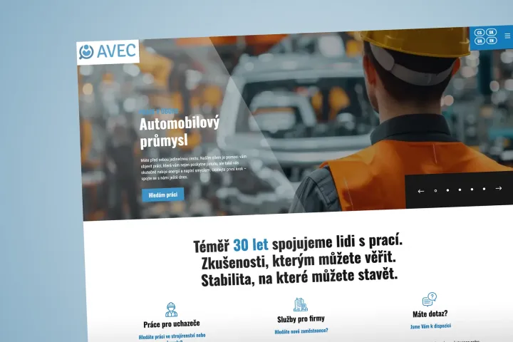 Úvodní stránka webu AVEC Company – automobilový průmysl