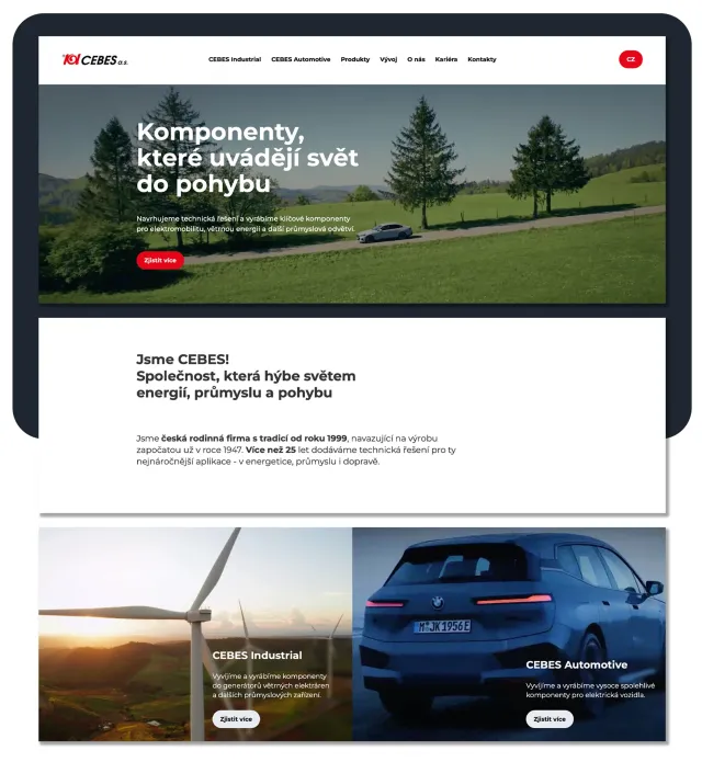 Úvodní stránka webu CEBES – komponenty, které uvádějí svět do pohybu