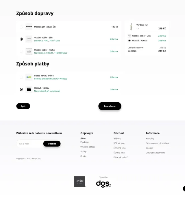 Výběr dopravy a platby v košíku e-shopu Lavite
