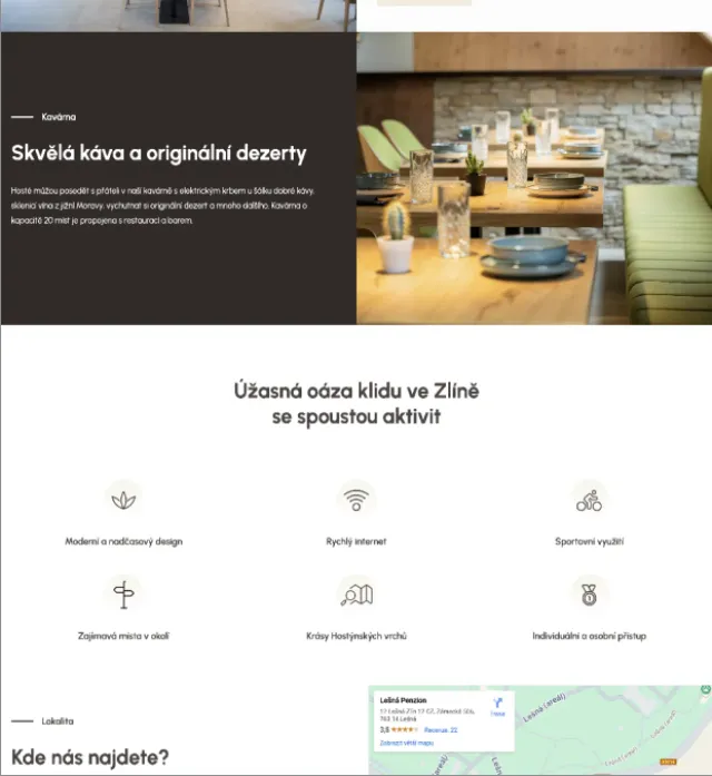 Stránka kavárny a vybavení na webu Penzionu Lešná