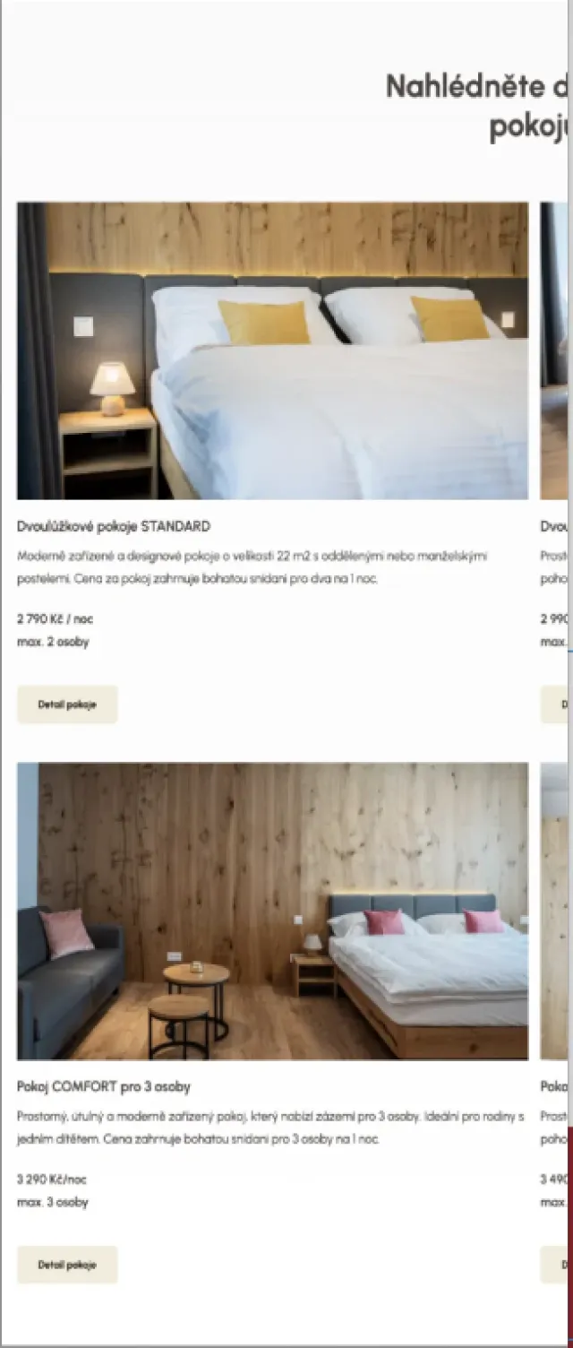 Přehled pokojů na webu Penzionu Lešná