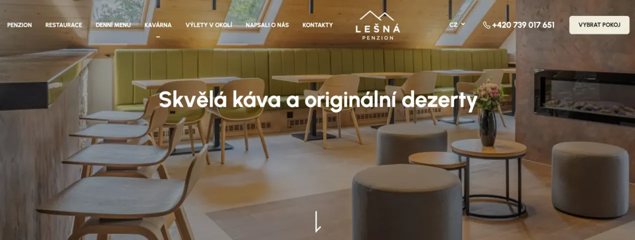 Úvodní stránka webu Penzionu Lešná – skvělá káva a originální dezerty