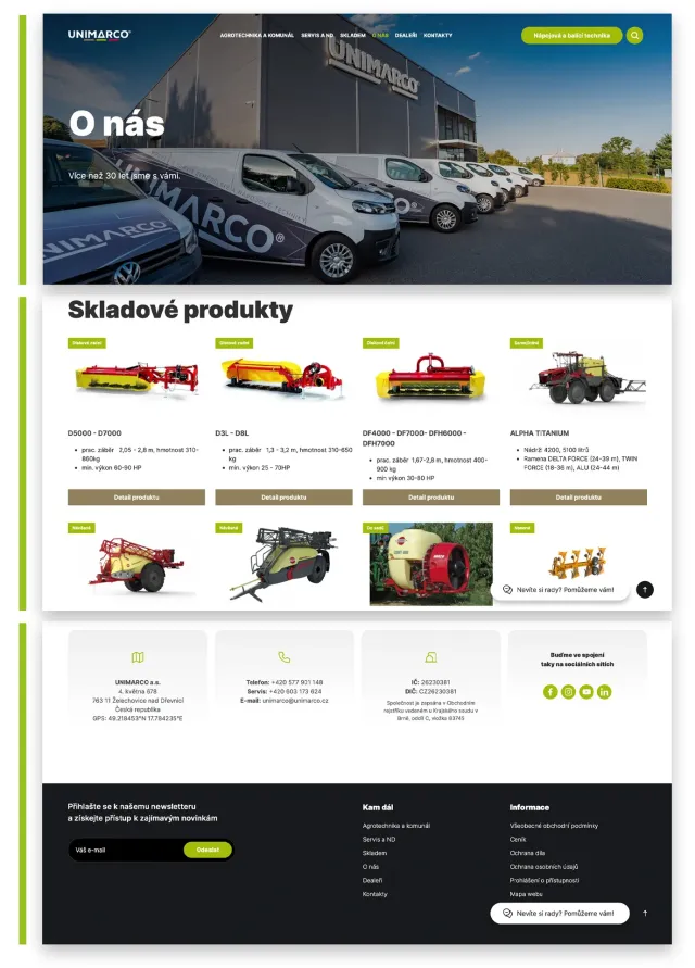 Stránka O nás a skladové produkty na webu UNIMARCO