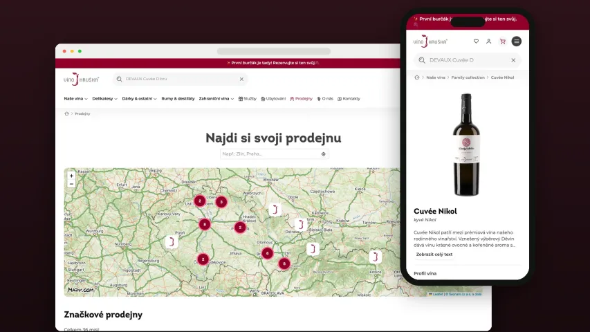 Mapa prodejen na webu VÍNO HRUŠKA na desktopu a mobilu