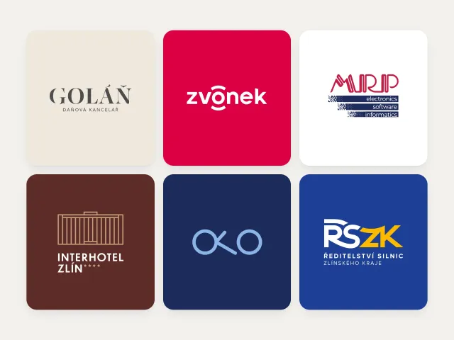 Loga navržená v dgstudio: Goláň, Zvonek, MRP, Interhotel Zlín, OKO a Ředitelství silnic Zlínského kraje