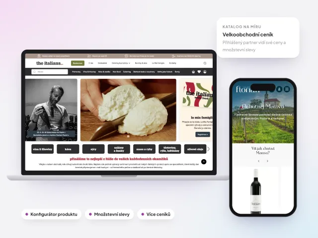 E-shop na míru – The Italians na notebooku a Vinařství Florian na mobilu